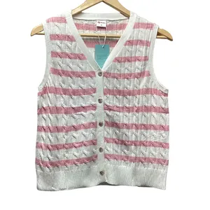 Wiholl cable knit sleeveless sweater. Pink on ivory stripes. Size Small thumbnail 4