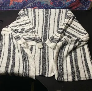 Cozy Black & White Striped Women’s Sweater Cardigan Poncho thumbnail 1