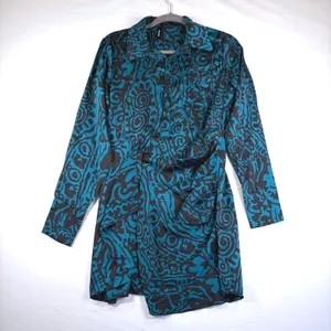 Venti6 LA Teal Abstract Swirl Ruched Mini Dress Long Sleeve Made in Italy S‎ thumbnail 2