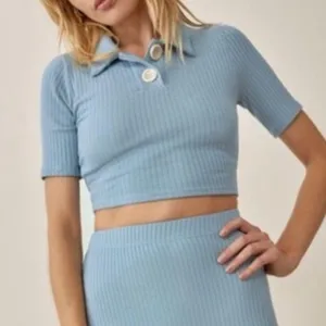 Reformation Peggy Ribbed Polo Two Button Crop Top Turquoise Green Blue thumbnail 11