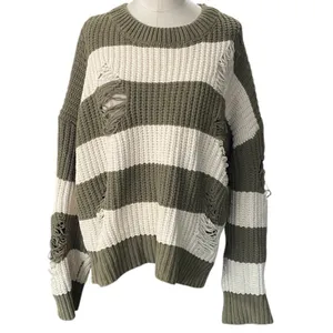 POL Distressed Olive & Cream Striped Knit Sweater - Size Small pullover thumbnail 2