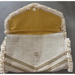 Chico's Embellished Floral Straw Envelope Clutch Purse Crossbody Chain Strap thumbnail 4
