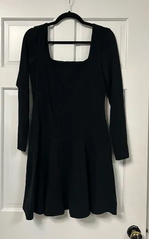 Express Black Long-Sleeve Square Neck Fit-and-Flare Dress thumbnail 1
