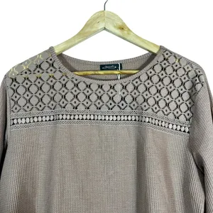 NWT Ofeefan Waffle Knit Lace Yoke Pullover Top Mauve Boho 3/4 Sleeve Size XL thumbnail 3