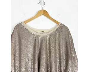Free People Champagne Dreams Tee Small Neutral Gold Sequin Oversized Cropped thumbnail 4