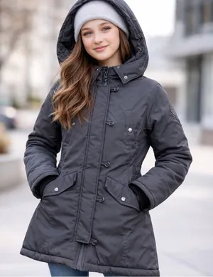 Madden Girl Black Hooded Winter Coat Jacket Faux Fur Trim Size S/P thumbnail 1