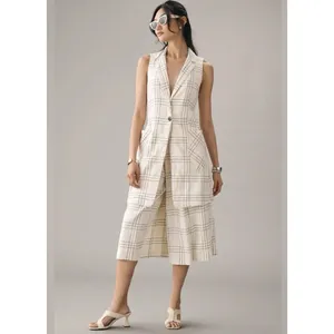 Maeve Anthropologie Long Linen Plaid Duster Vest Ivory Windowpane Academia‎ Sz 4 thumbnail 3