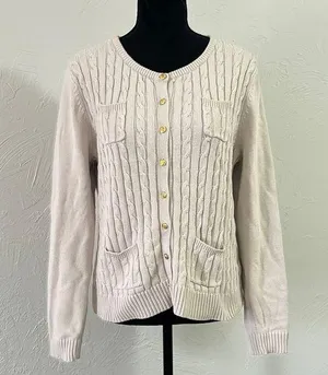 Adrienne Vittadini Cream and Gold Ribbed Cardigan Sweater thumbnail 1