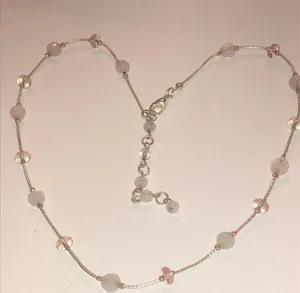 Silver Tone Boho Dainty Pink Beaded Necklace thumbnail 2