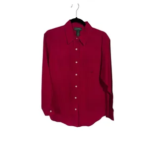 LAUREN RALPH LAUREN Womens Medium 100% Linen Red Button Up Shirt RL Logo Vintage thumbnail 3
