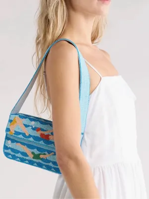 NWT Sol & Mer Beaded Swimmer Shoulder Bag Blue Coastal Baguette Purse Viral thumbnail 3