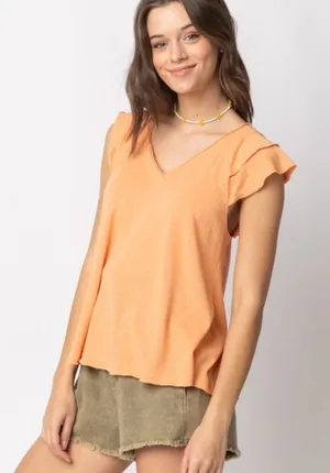 New‎ In Womens Peach Orange Flutter Sleeve V Neck Top Blouse Size Large thumbnail 1