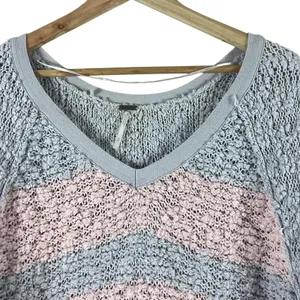 Free People Songbird Sweater V-Neck Striped Bouclé Knit Pink Gray Tunic Size M thumbnail 3