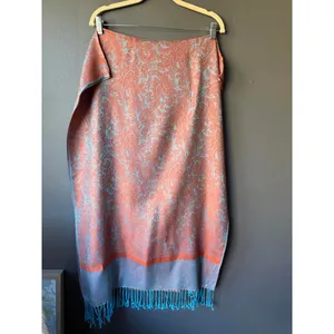 Orange and Turquoise Paisley Patterned Scarf with Fringe thumbnail 2