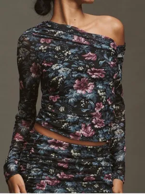 Anthropologie Mesh Off-Shoulder Asymmetrical Floral Ruched Top thumbnail 1