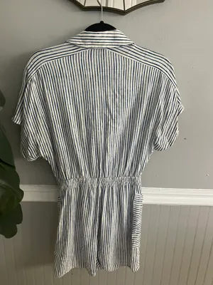 Blue White Stripe Lined Blend Button Down Shirt Short Romper Jumpsuit thumbnail 10