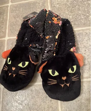 Hyde and EEK Women's Cat Flip Sequin Halloween Slipper Socks Grippers M-L 8-10 thumbnail 1