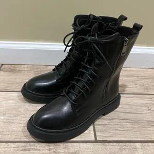 Combat Boots Lace Up Side Zipper Boots Stylish Faux Leather Boots Booties Pu Shoes thumbnail 2