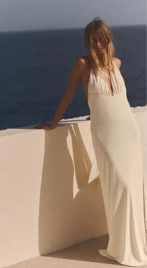 Zara Elegant Cream Halter plunge Neck Dress scarf maxi evening cocktail party thumbnail 8