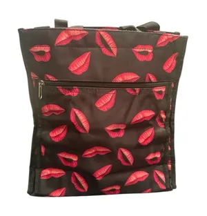 Lips Black & Pink Top Handle Tote Bag Shopper Travel Bag Zippered Pockets thumbnail 1