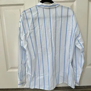 H & M blue and white striped long sleeved button down shirt thumbnail 3