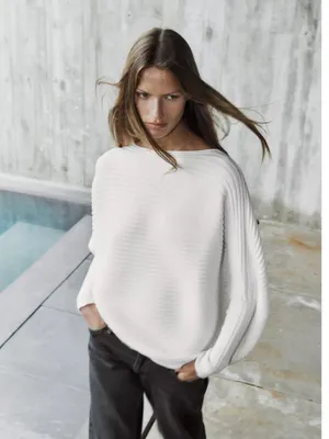 NWT Zara Volume Textured Knit Jumper Sweater Boat Neck White Sz S-M thumbnail 2