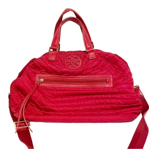 Tory Burch Red‎ Quilted Nylon Slouchy Satchel Shoulder Handbag Purse thumbnail 1