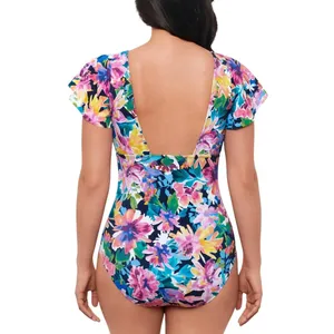 Swim Solutions Garden Dreams Flutter-Sleeve One-Piece Swimsuit Navy Blue Multi 8 thumbnail 7