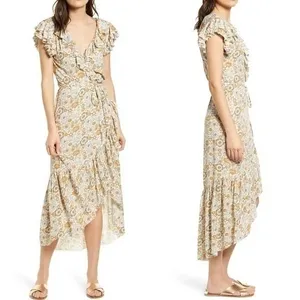 Faherty Carmen Floral Print Wrap Midi Dress‎ Ruffle Short Sleeve Hi Low Small thumbnail 2