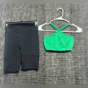 JESFER Activewear Set size S Green Strappy Sports Bra & Black Biker Shorts(A237) thumbnail 7