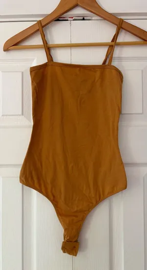 Bozzolo Womens Mustard Tan Cotton Blend Spaghetti Strap‎ Thong Bodysuit Small thumbnail 1