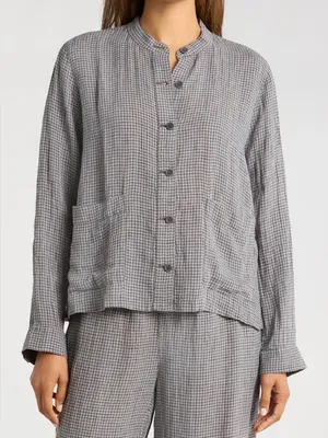 Eileen Fisher Linen Gingham Mandarin Collar Jacket thumbnail 1