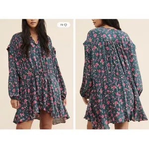 Free People Floral Mini Babydoll Dress Button Front Long Sleeve Green Pink M‎ thumbnail 2