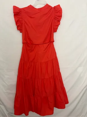 Entro Tiered Midi Dress Large Red Orange Ruffle Sleeve Back Cutout NWOT(A906) thumbnail 10