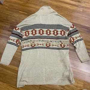 Maurices Women's 1X‎ Beige Geometric Fringe Longline Open Front Cardigan Sweater thumbnail 4