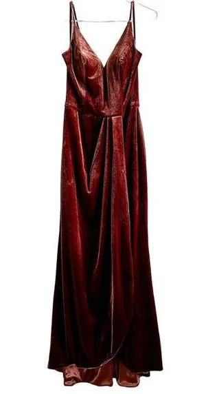Revelry Velvet Maxi Dress Bridesmaid Gown Plunging V Adjustable Rust 8 thumbnail 1