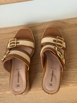 Wedge Slide Sandal in Tan and Cream with Buckle thumbnail 2