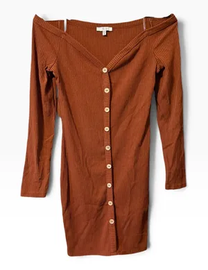 Iris Off The Shoulder Dress Size M Rust Brown Ribbed Button Front Mini Boho thumbnail 1