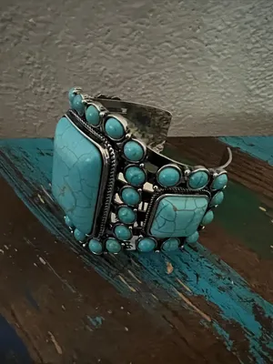 Turquoise Stone Cluster Cuff Bracelet - Women Jewelry Bracelet thumbnail 2