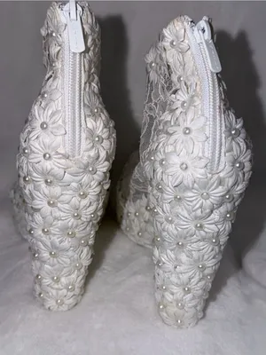 White Lace Floral Pearl Accent Women's Heeled Booties thumbnail 4