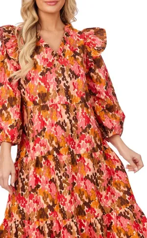 Mudpie V-Neck Ruffle Detail Patterned Midi Dress Pink Orange Multi thumbnail 1