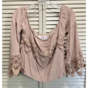 Southern Fried Chics Pink Crochet Off Shoulder Bell Sleeves Blouse Size L Boho thumbnail 1