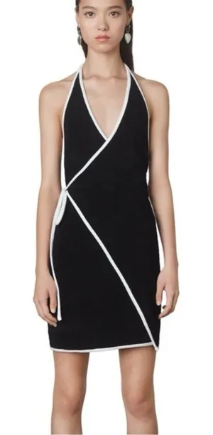 Nia Black Halter Wrap Mini Dress with White Piping Size Medium thumbnail 1