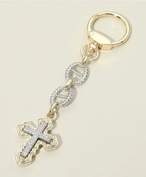 14K Gold Plated Two Tone CZ Pave Cross Drop Bag Charm Keychain thumbnail 1