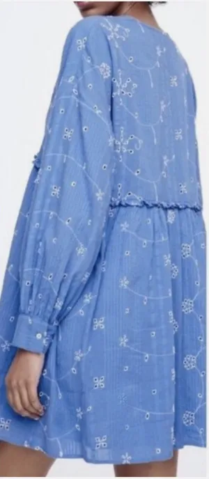 Zara Embroidered Blue Floral Oversized‎ Mini Dress - Size Medium thumbnail 1