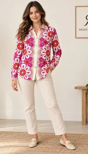 Farm Rio Pink Red Giant Daisy Floral Linen Blend Button Down Shirt Small thumbnail 1