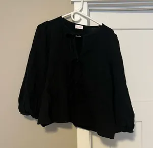 Pink Lily Black Boxy Blouse with Tie Front and Mandarin Collar thumbnail 1