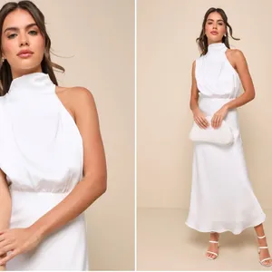 LULU's Bridal HIneymoon Engagement White Satin Modest Halter Mermaid Midi Dress thumbnail 2
