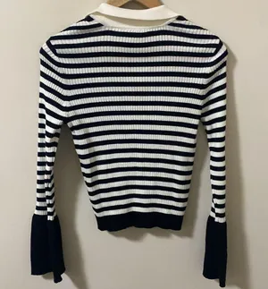 Anthropologie Maeve black & white Striped V Neck sweater size m thumbnail 4