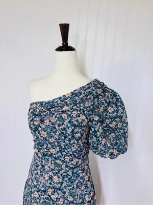 ASTR Santorini One Shouler Midi Dress Medium Blue Floral Wedding Guest Romantic thumbnail 5